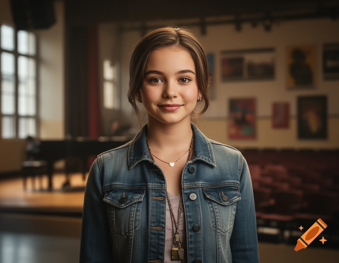 Photorealistic portrait of a smiling teenage girl with brown hair wearing a denim jacket inside a school auditorium.