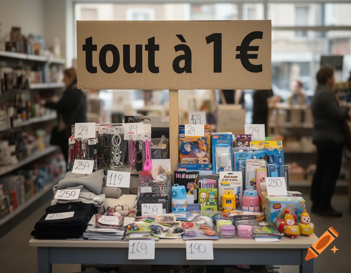 A photograph of a table display in a shop with a sign that reads 'tout à 1 €' surrounded by various items and price tags.