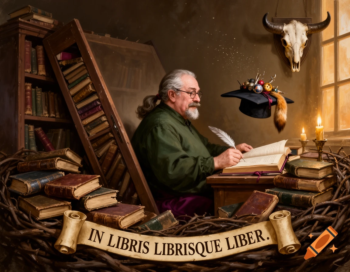 An elderly bearded man with glasses writing in a book inside a study filled with stacked books, a floating hat, and an ox skull on the wall.