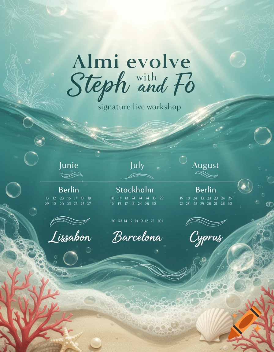 An underwater-themed poster for a live workshop with turquoise water, bubbles, and text listing dates and cities.