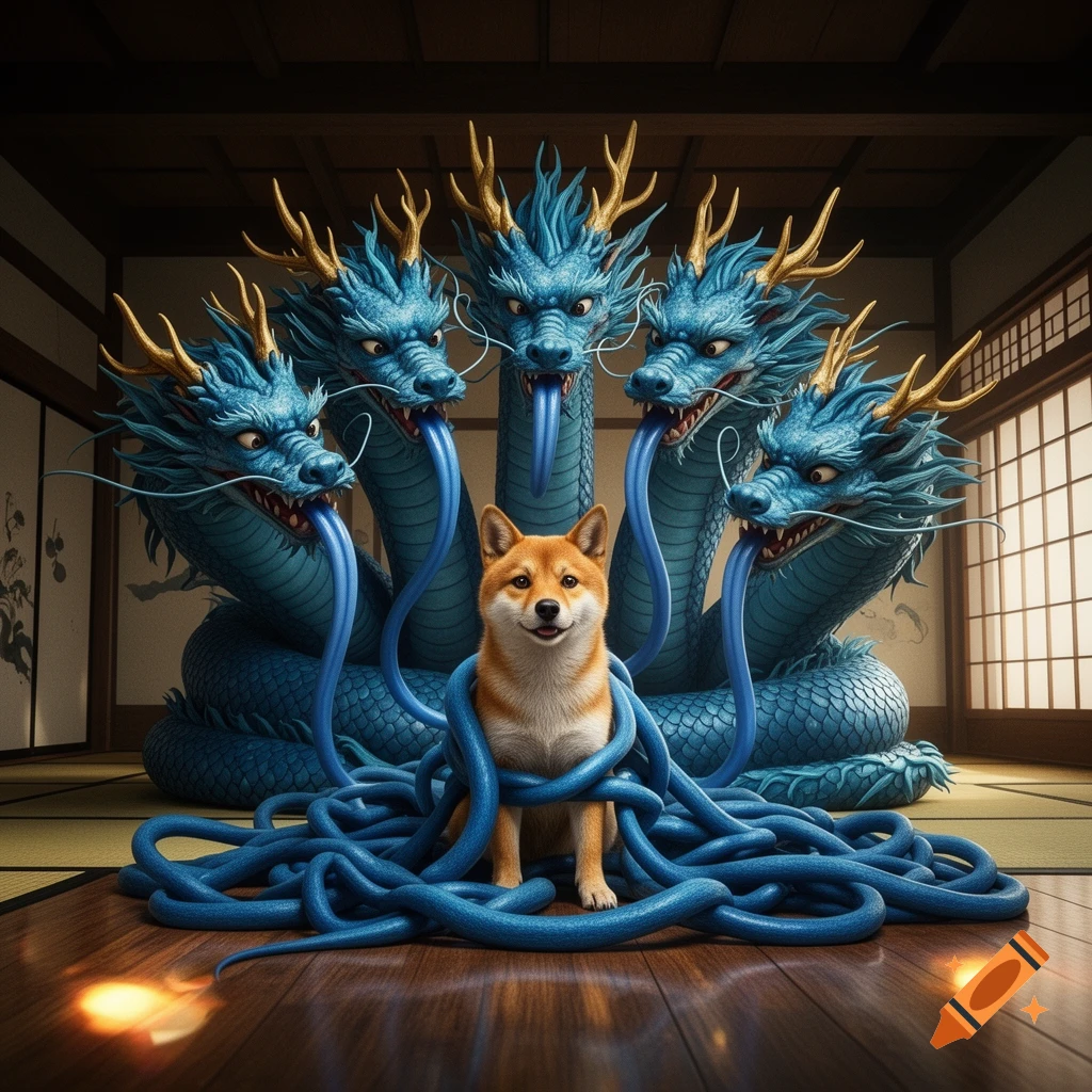 Anthro Shiba Inu dog sitting in a traditional Japanese room, surrounded by tangled blue tongues from a multi-headed dragon, photorealistic style.