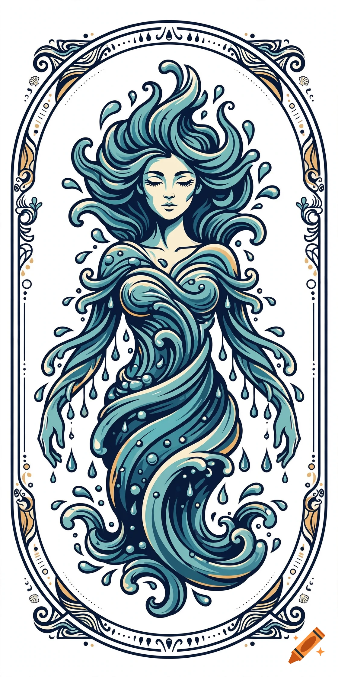 Vintage vector illustration of a water spirit woman with flowing blue hair and body made of waves inside an ornate frame.