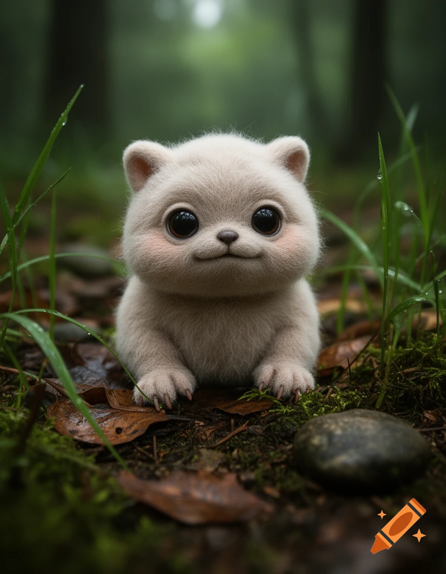 A cute, fluffy, white creature with large dark eyes sits in a forest among moss and autumn leaves.