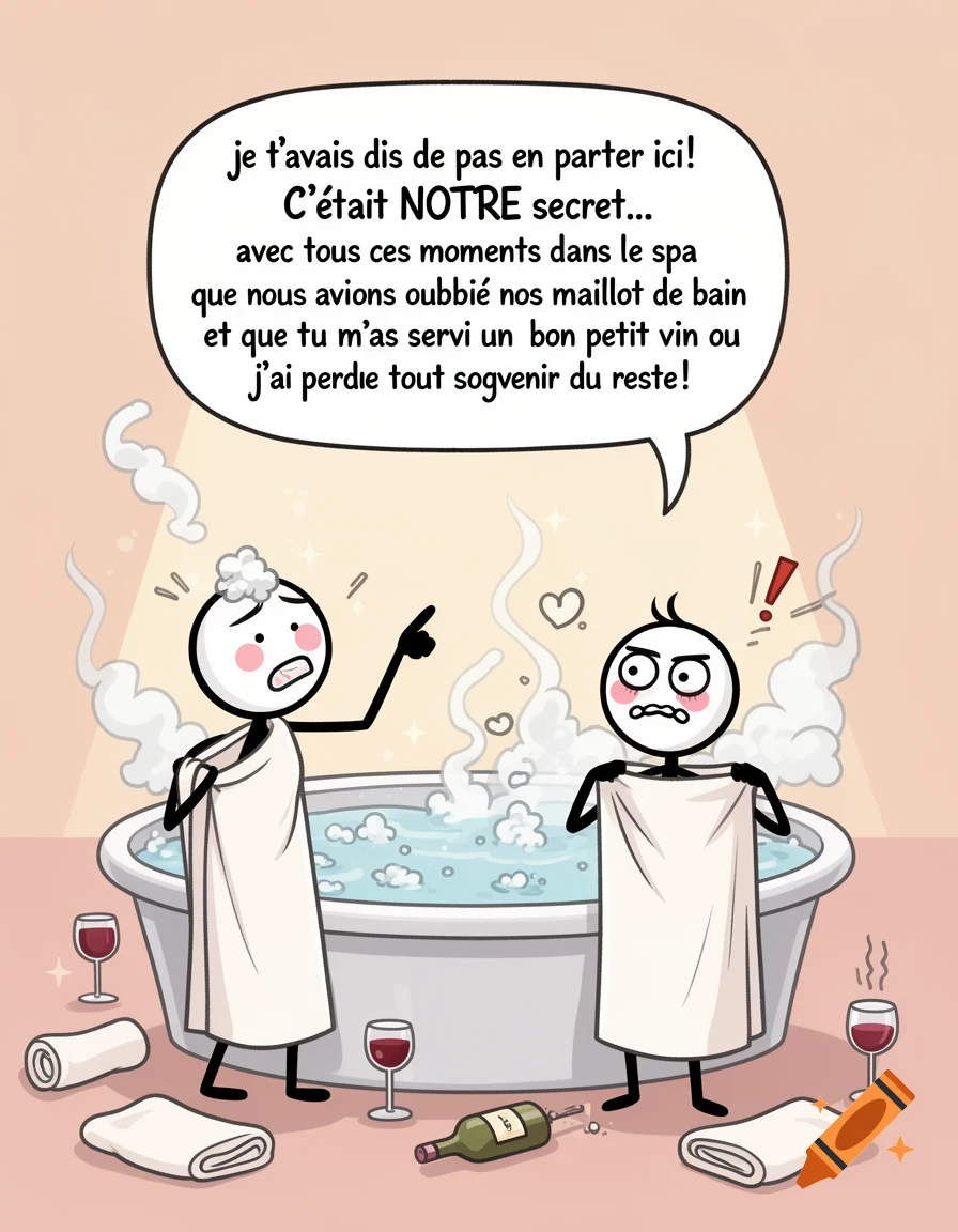 Comic illustration of two stick figure characters in a hot tub with speech bubble text.