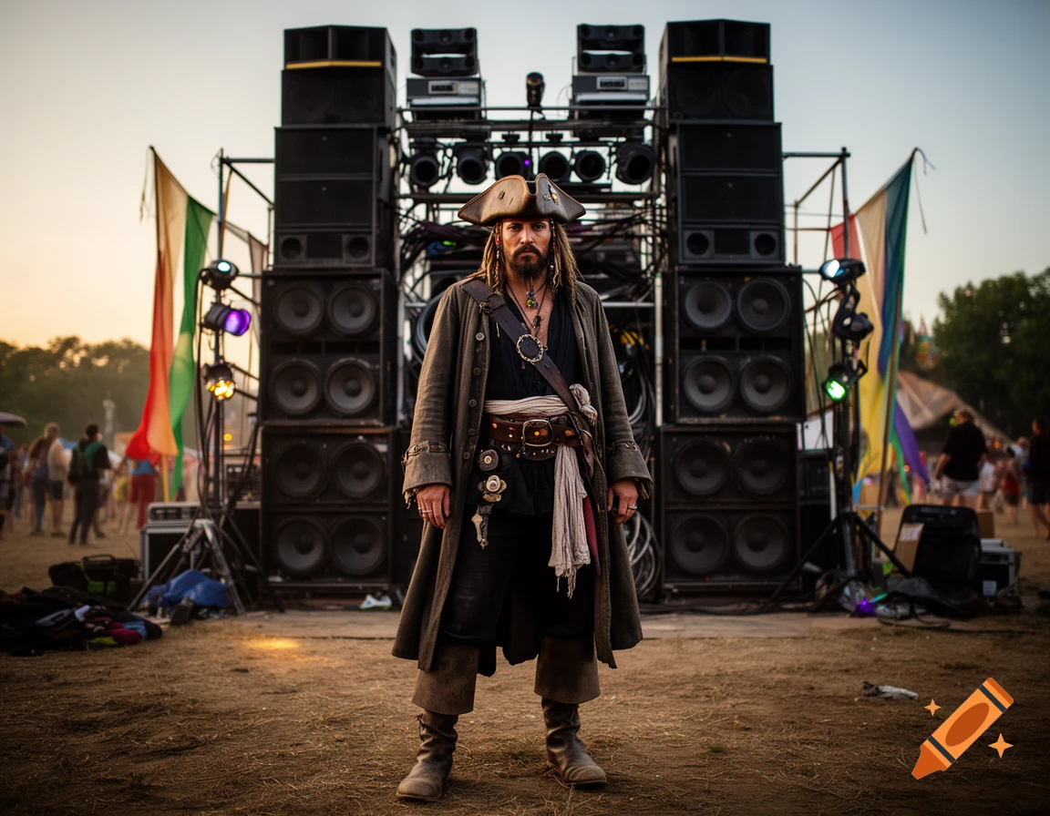 A photorealistic depiction of a pirate standing in front of a massive sound system at an outdoor festival.