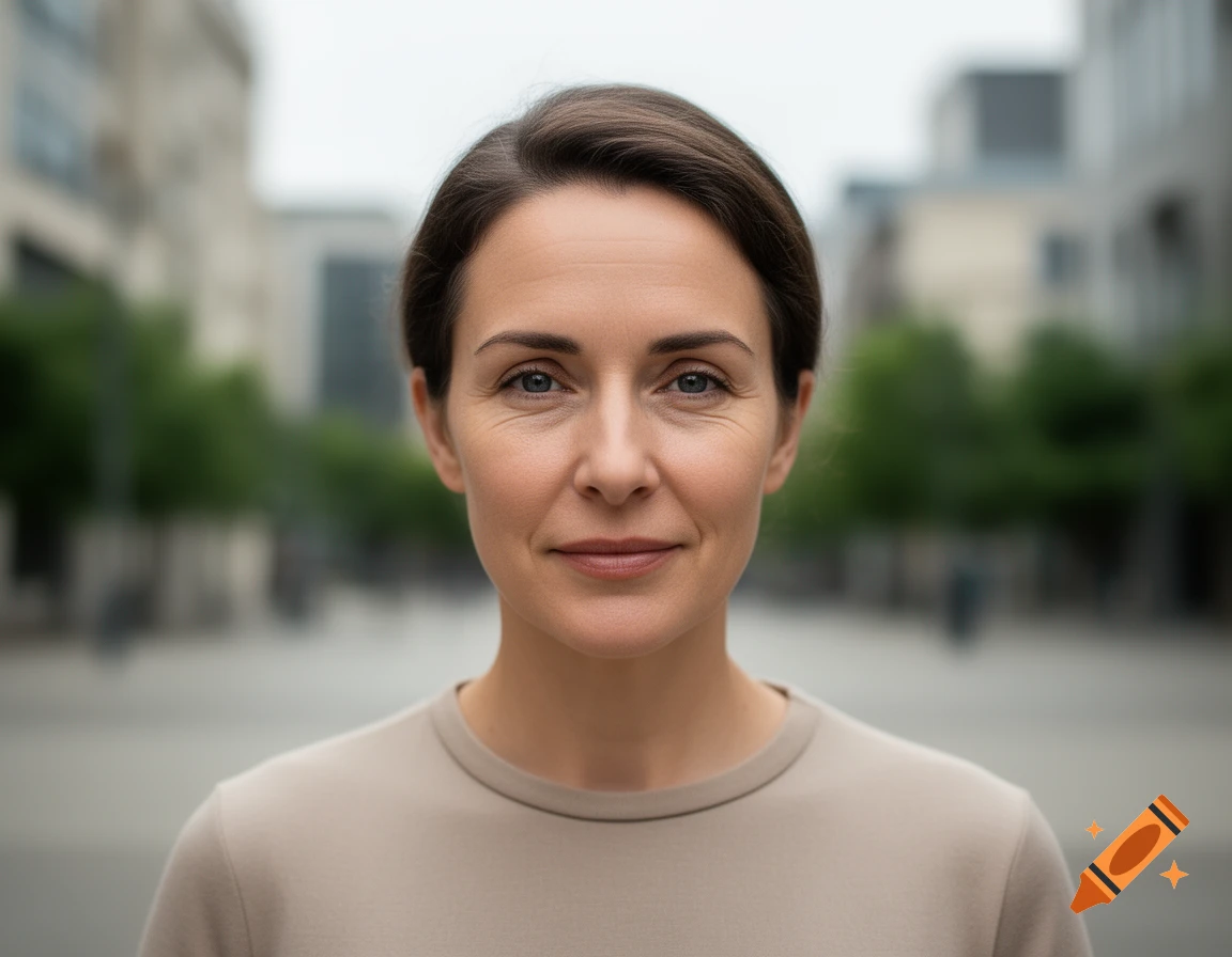 Photorealistic headshot of a woman with short dark hair in a neutral top against a blurred urban background.