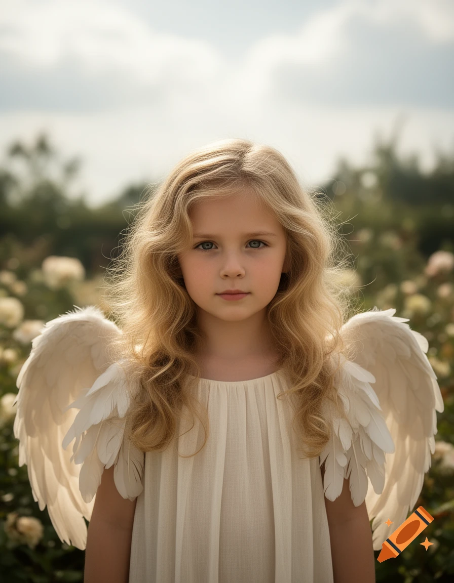 Photorealistic portrait of a young girl with blonde wavy hair and white angel wings, standing in a garden.