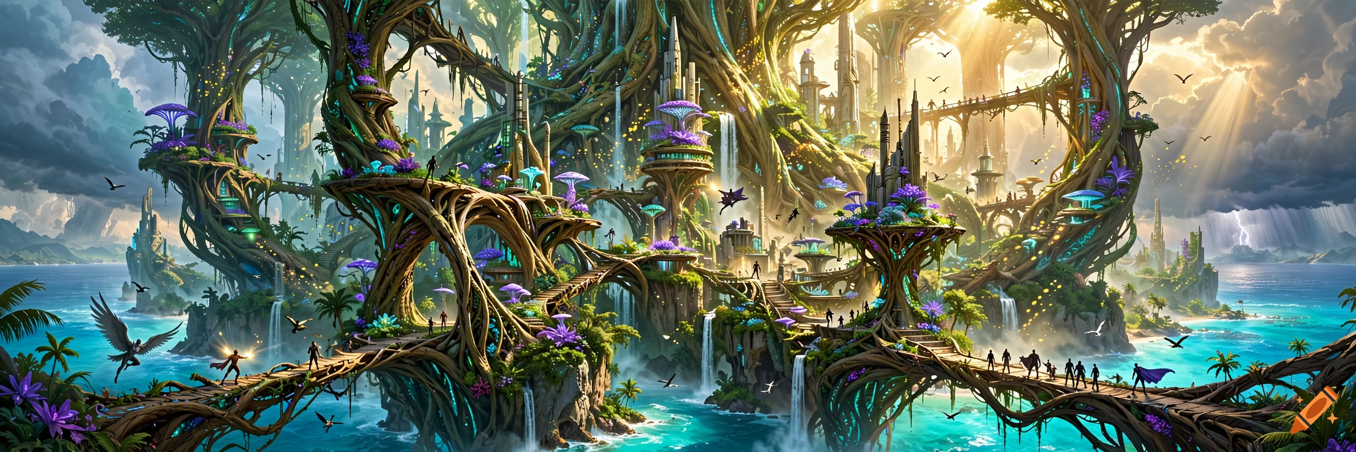 Digital painting of a vibrant futuristic fantasy city built into giant glowing trees with waterfalls and bridges over a turquoise ocean.
