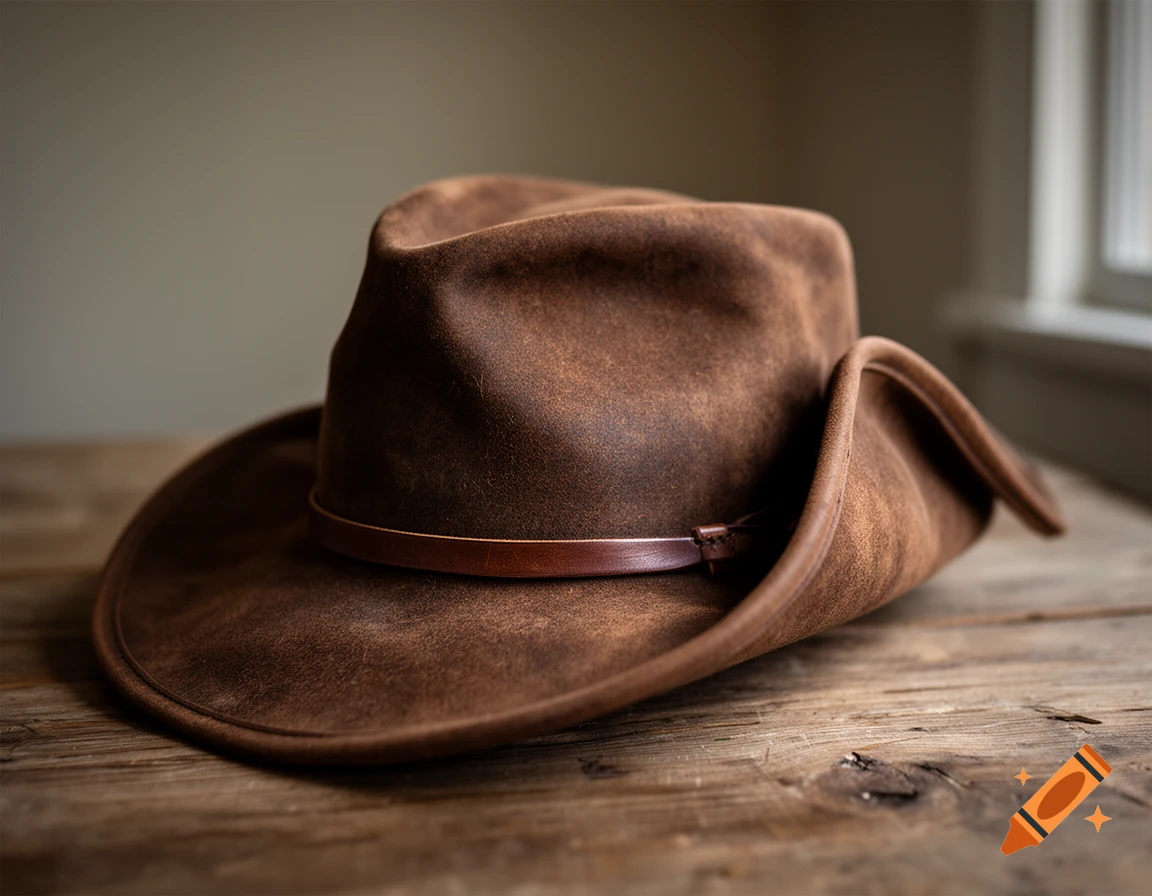 A photorealistic brown leather slouch hat with the right side of the brim folded up, resting on a wooden table.