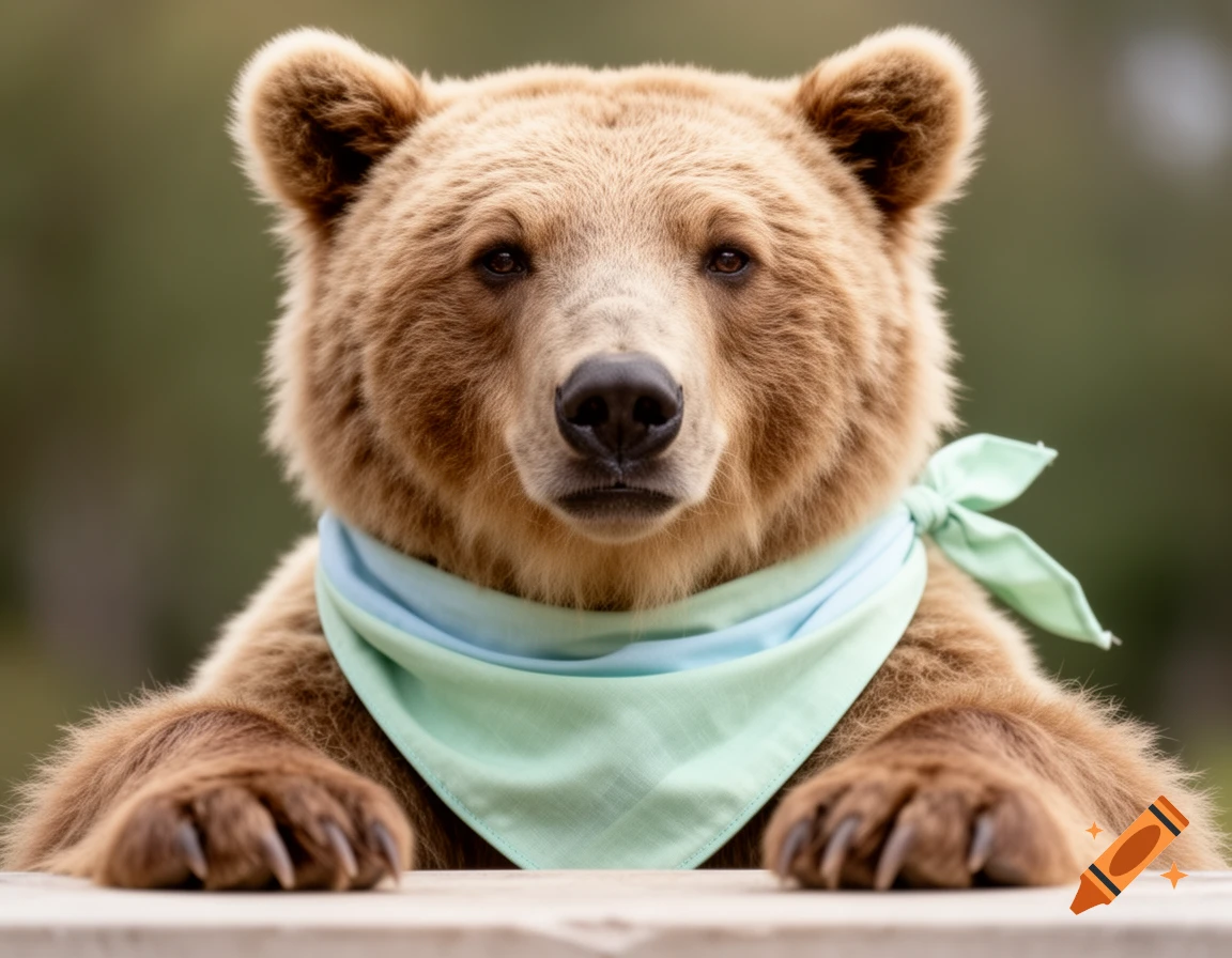 Close-up photorealistic portrait of a brown bear wearing a light blue and green bandana, resting its paws on a ledge.
