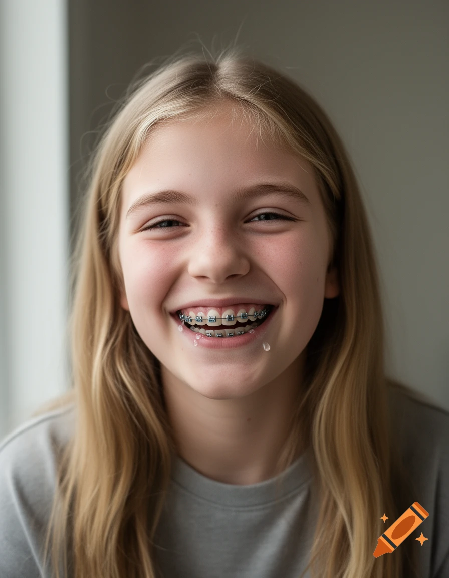 Close-up portrait of a blonde teenage girl with braces smiling widely, photorealistic.