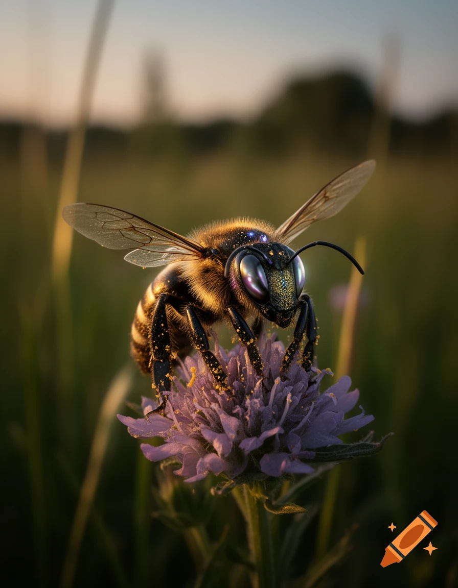 Close-up photorealistic image of a bee-alien hybrid with glowing purple and green eyes perched on a purple flower in a field at sunset.