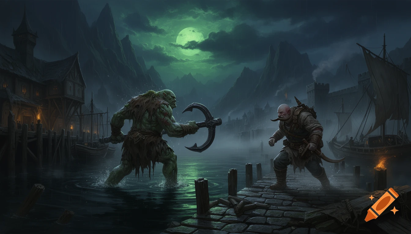 Fantasy illustration of a river troll and an ogre hunter fighting on a medieval harbor dock at night under a green moon.