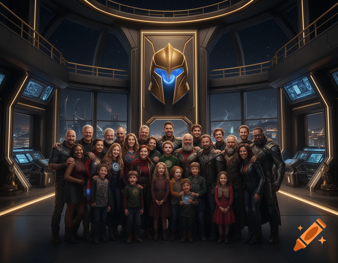 Cinematic group portrait of a large diverse team in a futuristic headquarters with a golden helmet emblem.