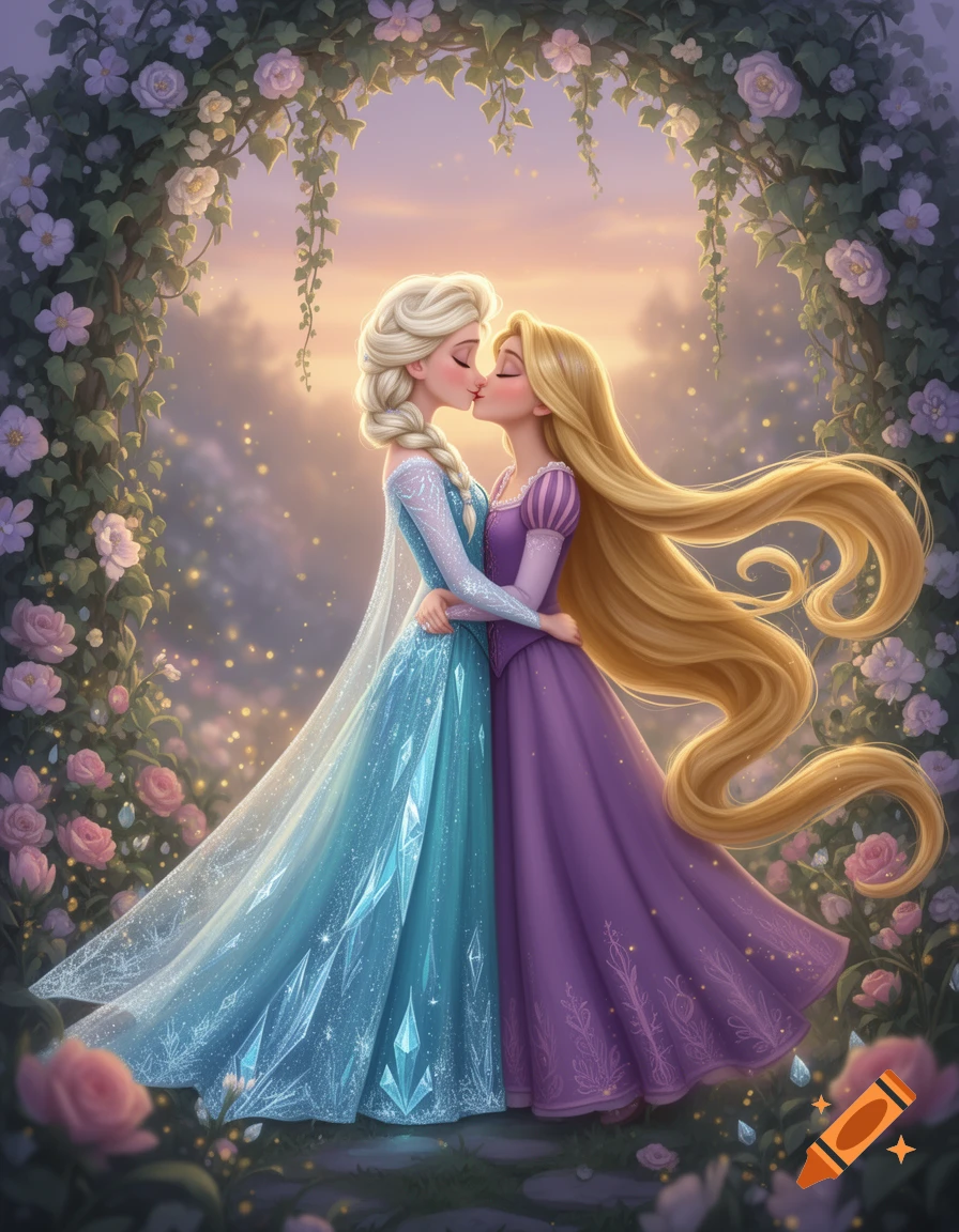 Elsa and Rapunzel kissing under a floral archway, digital art style.