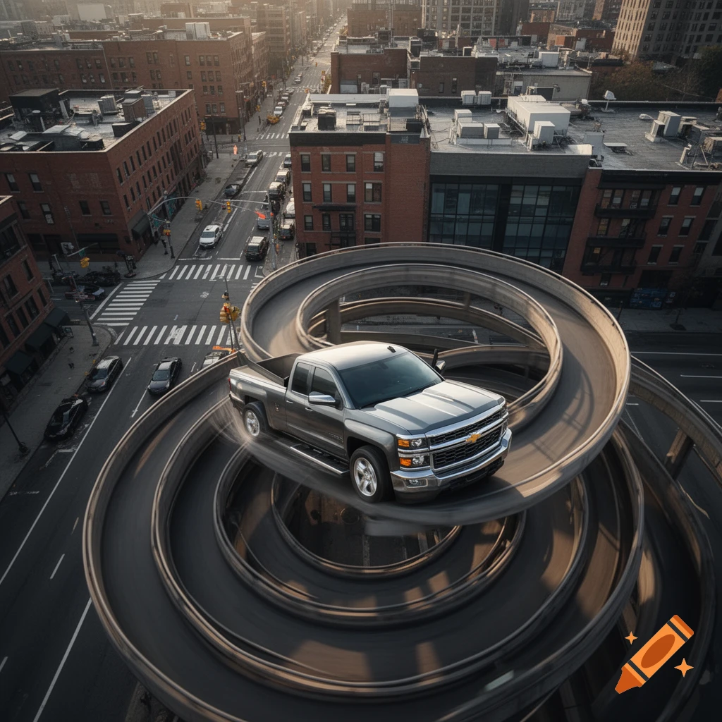 Photorealistic aerial view of a gray Chevrolet pickup truck driving down a massive spiral ramp in a city.