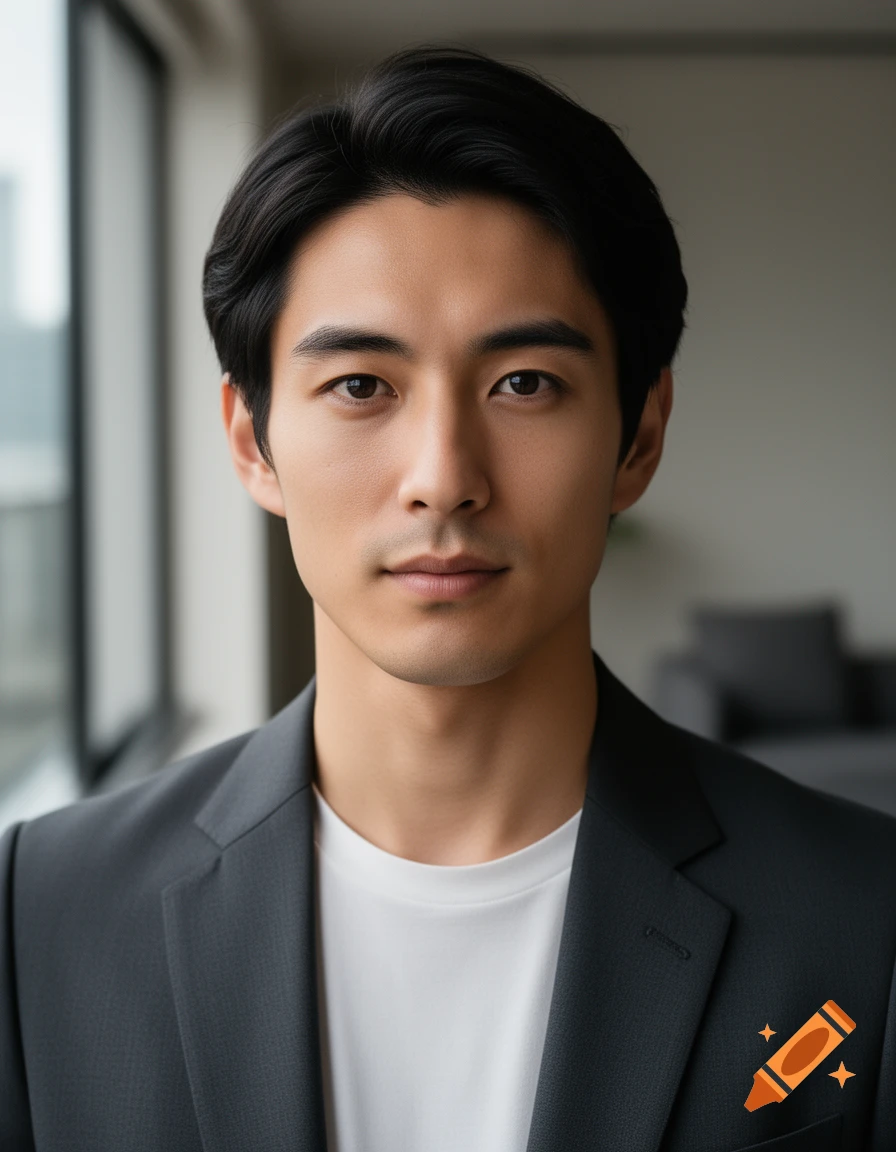 Photorealistic close-up portrait of a handsome Asian man with dark hair in a suit and white t-shirt against a neutral background.