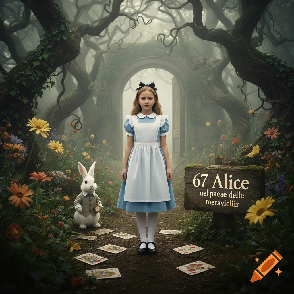 Alice in Wonderland standing in a misty, enchanted forest with a white rabbit and playing cards scattered on the ground.