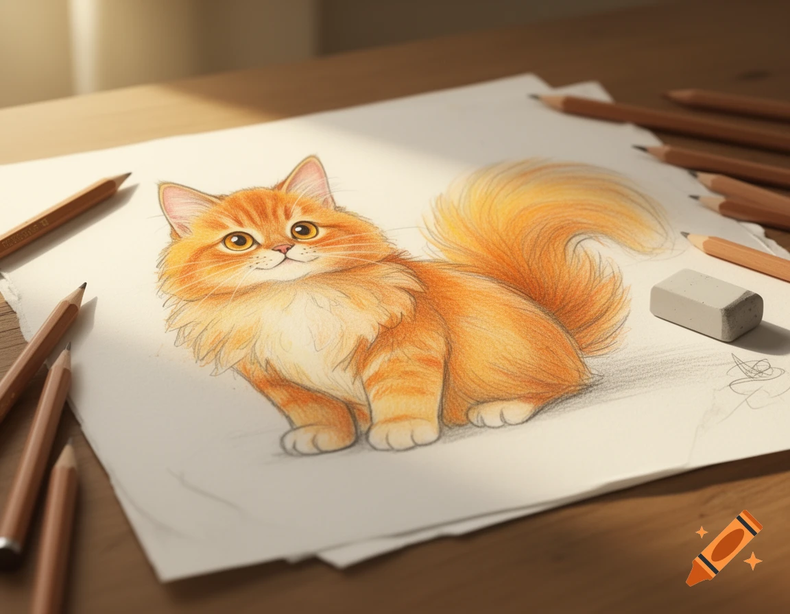 Colored pencil drawing of a fluffy orange cat on a piece of paper on a wooden table with pencils and an eraser nearby.