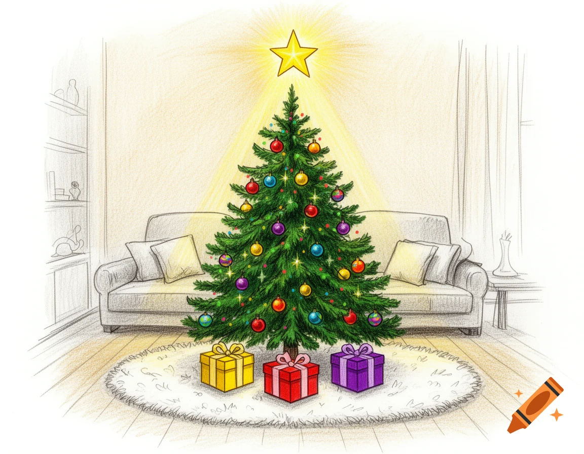 Hand-drawn style illustration of a Christmas tree in a living room with a glowing star on top and three presents underneath.