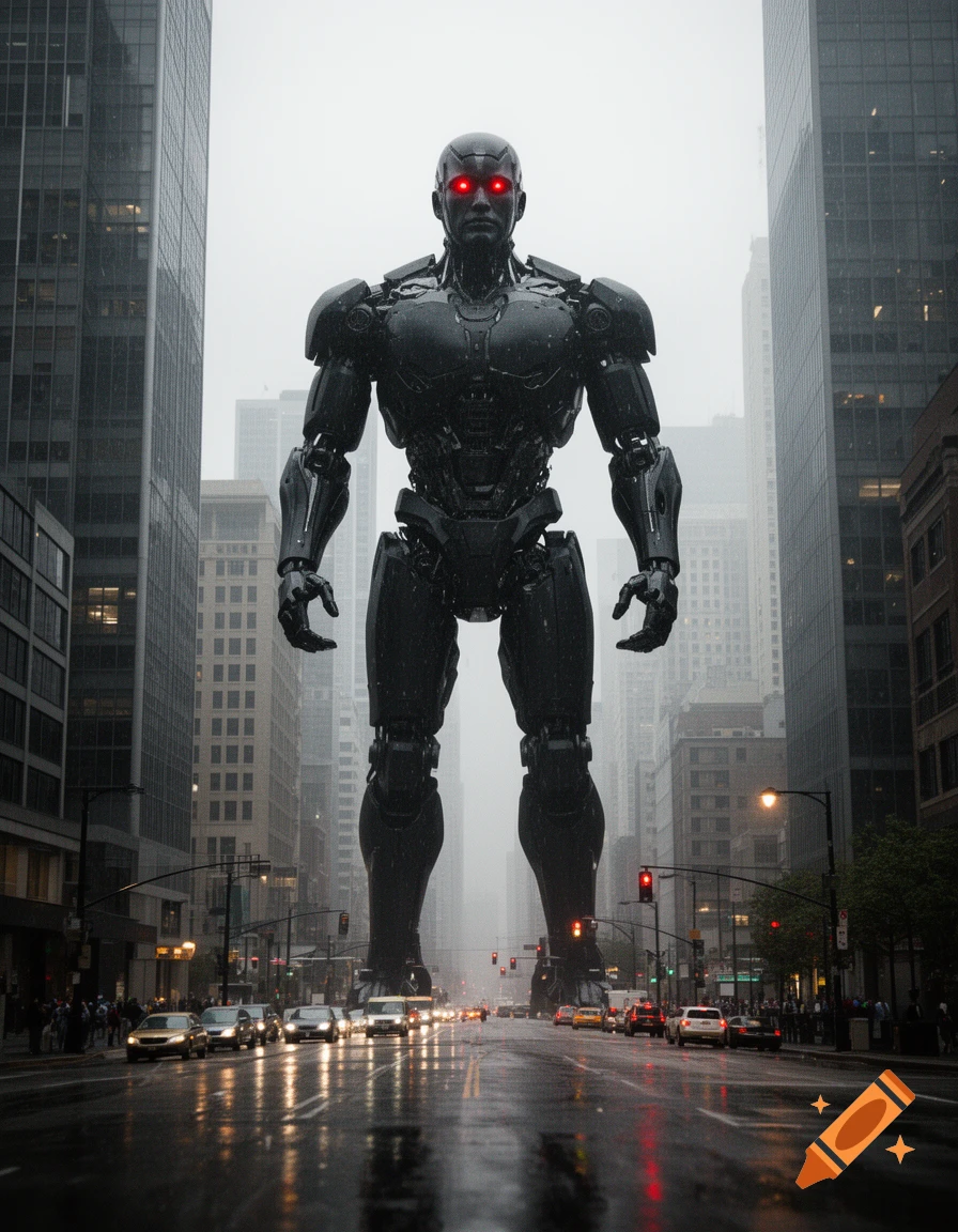 Photorealistic image of a massive black humanoid robot with glowing red eyes standing in a wet city street between skyscrapers.