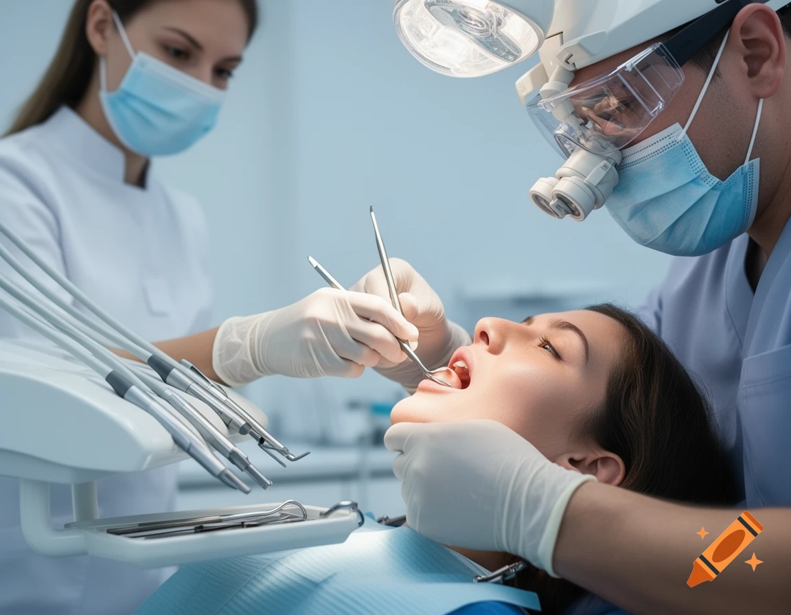 Dentist and dental assistant performing a procedure on a patient in a modern dental office, photorealistic medical photography