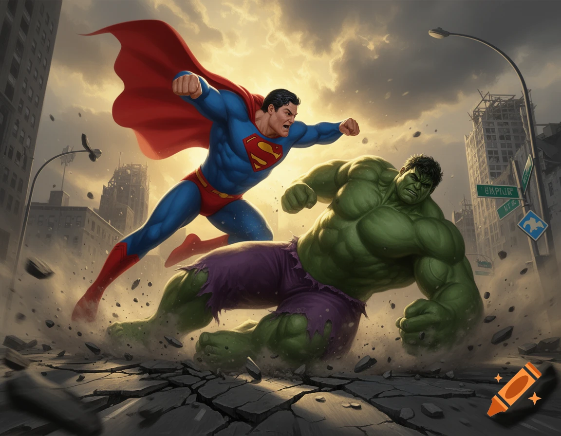 Digital painting of Superman punching Hulk down onto a destroyed city street in a comic book art style.