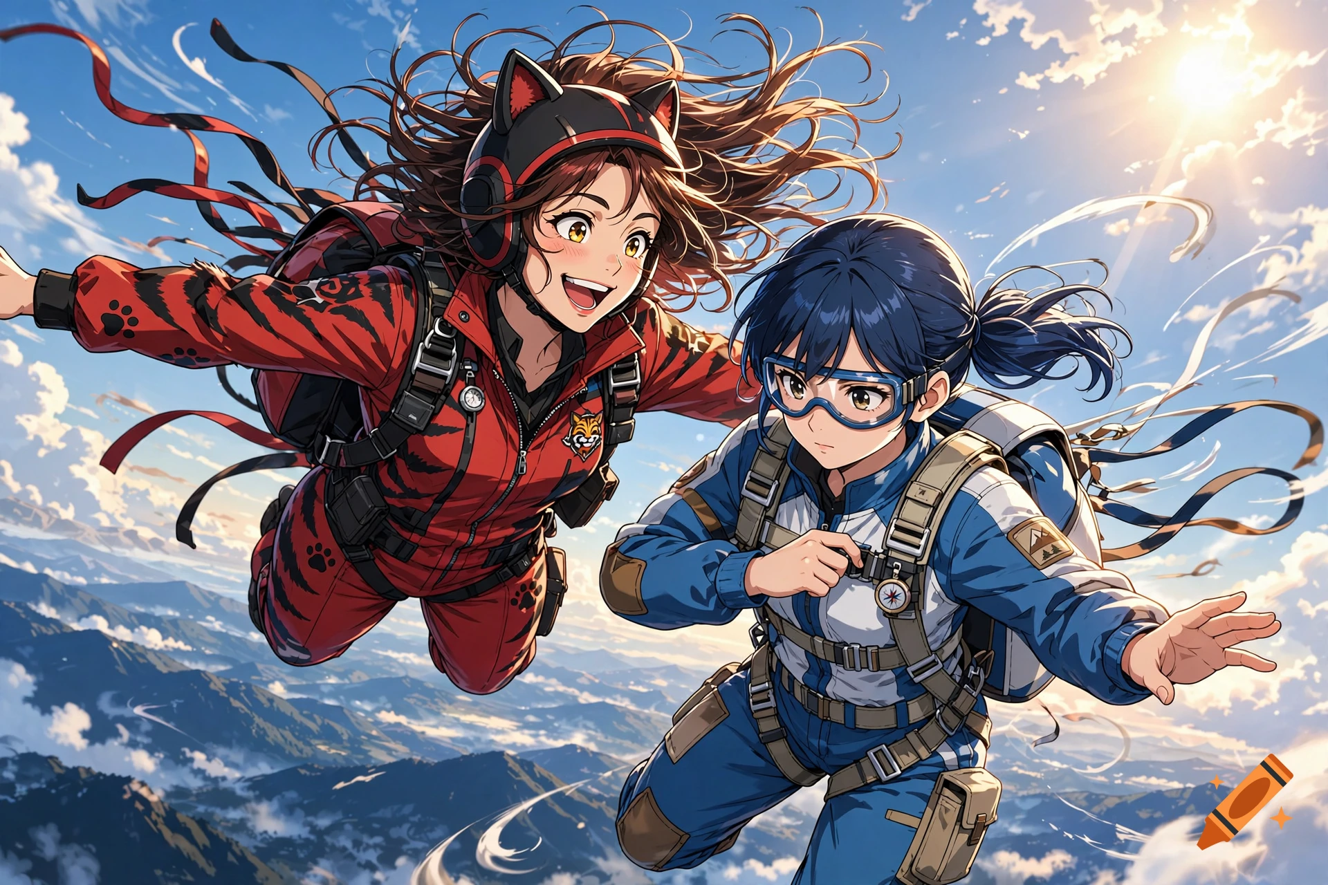 Anime-style illustration of two smiling women skydiving together with mountain landscape below under a bright sunny sky.