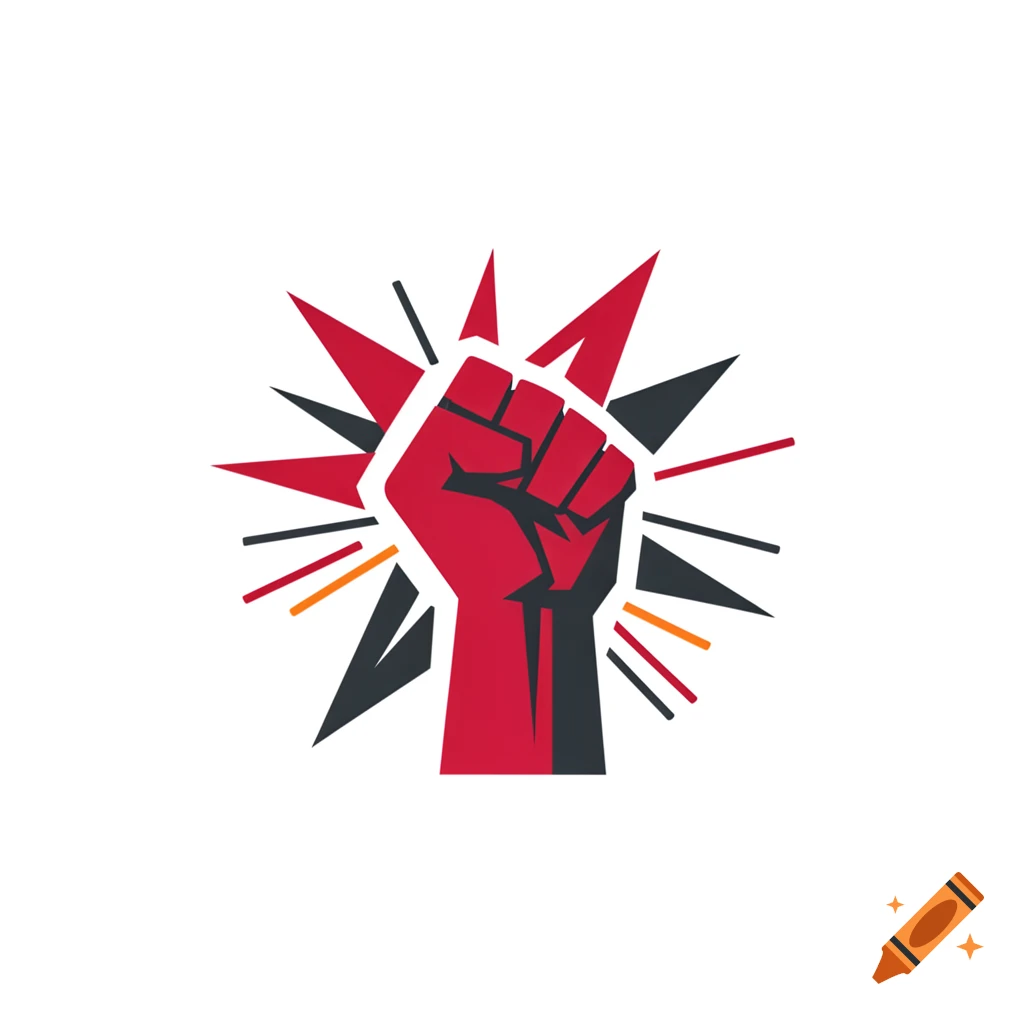 A stylized graphic symbol of a raised fist with red and black geometric burst lines on a white background.