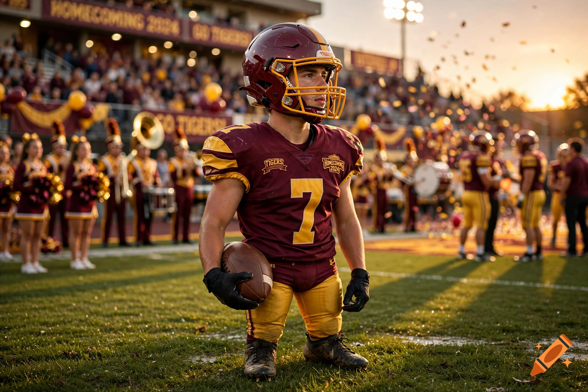 Photorealistic image of a young American football player in uniform holding a ball on a lit field during homecoming.