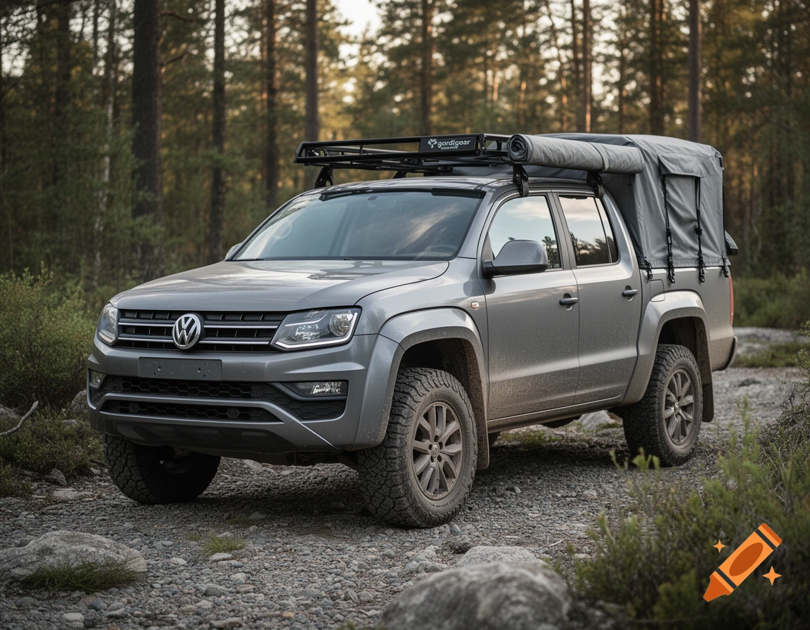 Photorealistic image of a grey Volkswagen Amarok pickup truck parked on a gravel path in a pine forest, featuring a roof rack and camper tent.