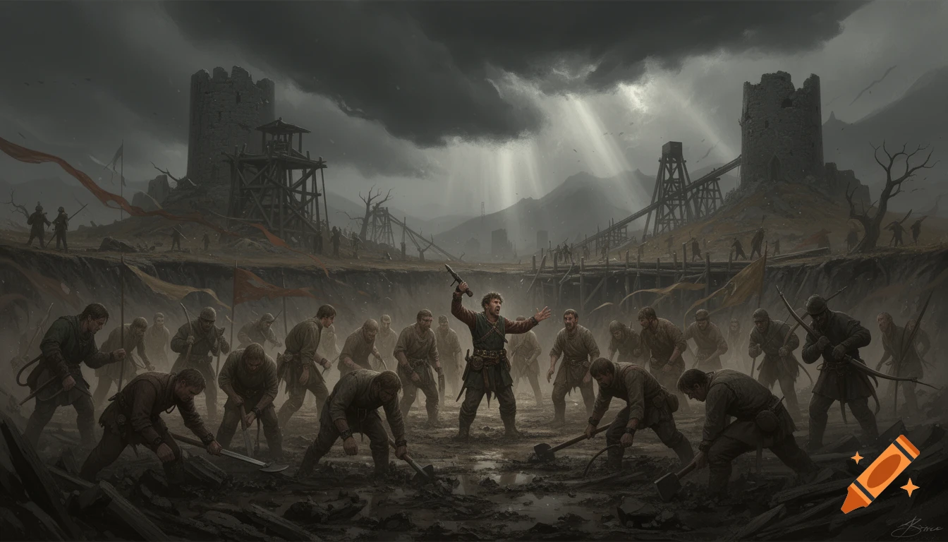 Dark fantasy concept art depicting laborers digging in mud under a stormy sky, led by a figure holding a weapon.