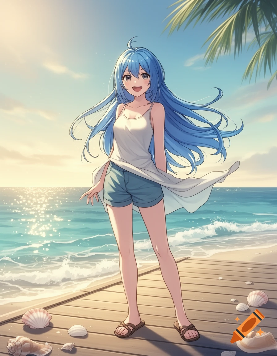 Anime girl with blue hair standing on a wooden pier at the beach during sunset