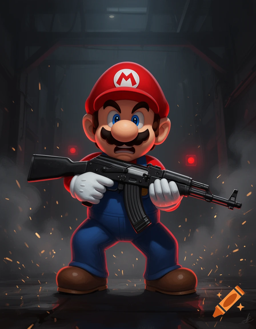 Digital illustration of Mario holding an assault rifle in a dark, industrial setting with flying sparks.