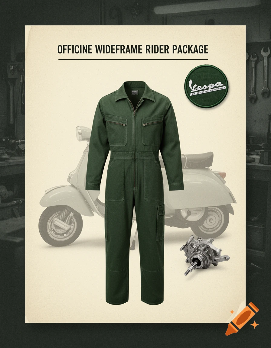 Product flyer for a green Vespa jumpsuit, featuring a matching patch, scooter, and engine part against a workshop background.