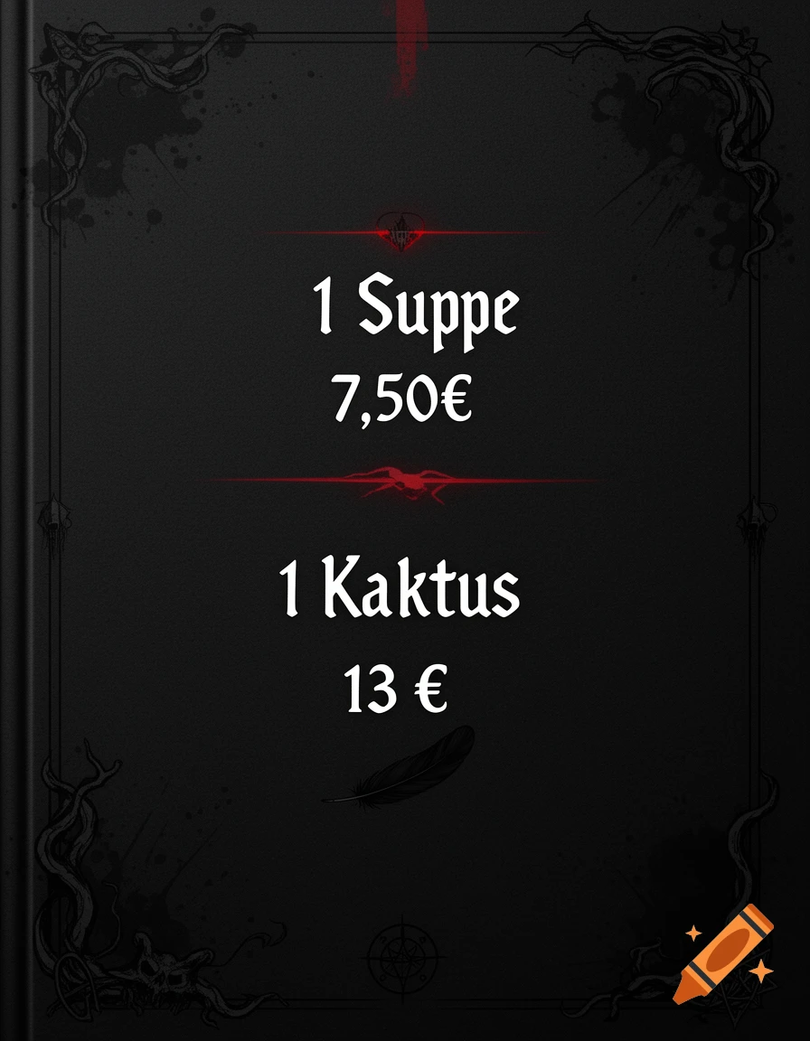 Dark gothic style menu with black background, red accents, and text reading 1 Suppe 7,50€ and 1 Kaktus 13 €.