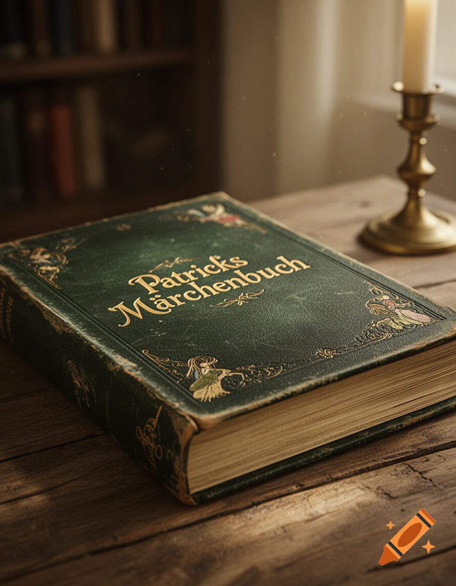 Close-up photorealistic shot of an ornate green leather-bound book with gold text reading Patricks Märchenbuch on a wooden table.