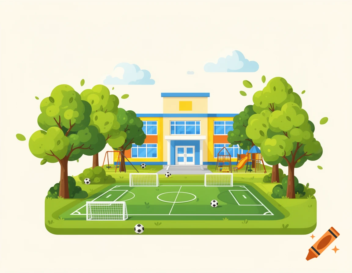 Vector clipart illustration of a school building with a soccer field, trees, and a playground in the foreground.