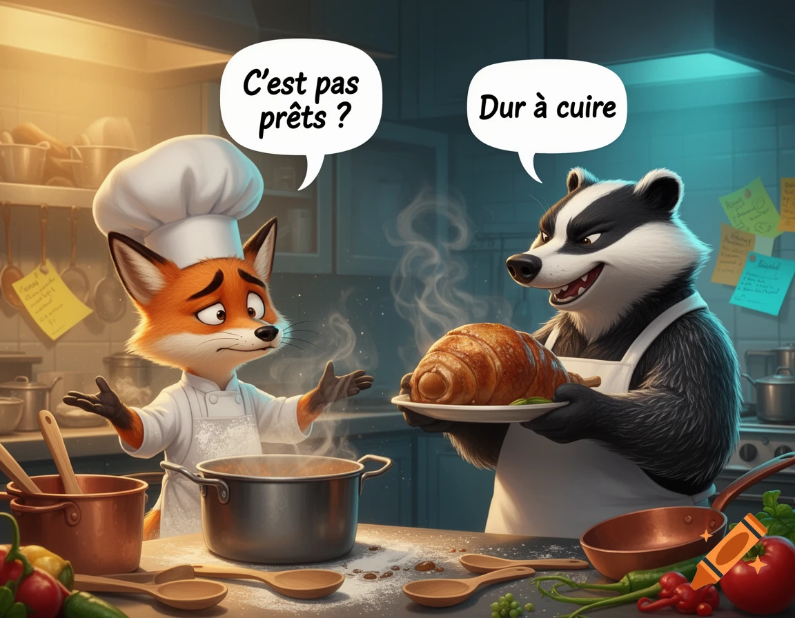 An anthropomorphic fox chef in a kitchen looking worried at a pot while a badger holding a croissant smiles and speaks.