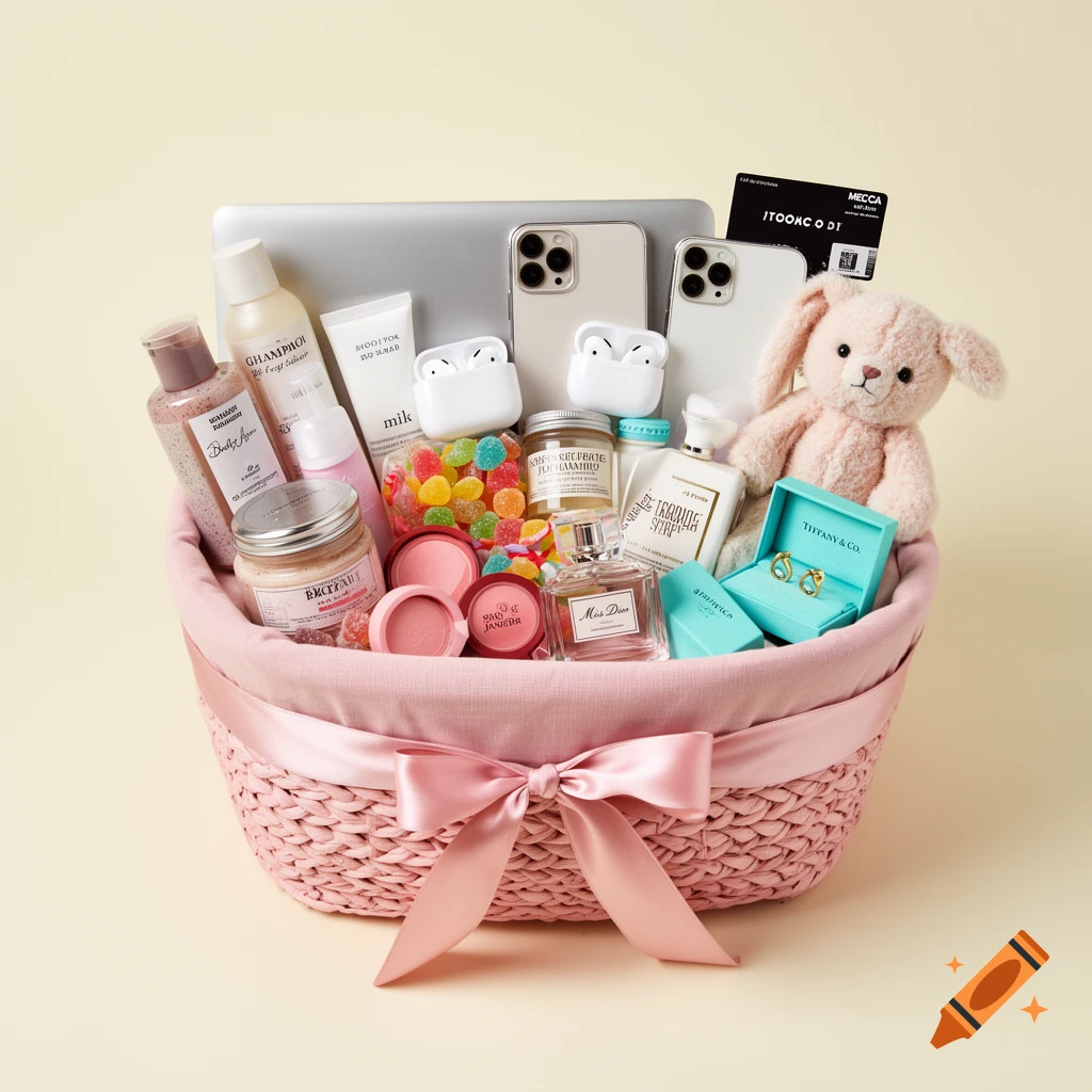 A pink woven gift basket filled with various cosmetics, electronics, snacks, perfume, and a plush bunny on a light background.