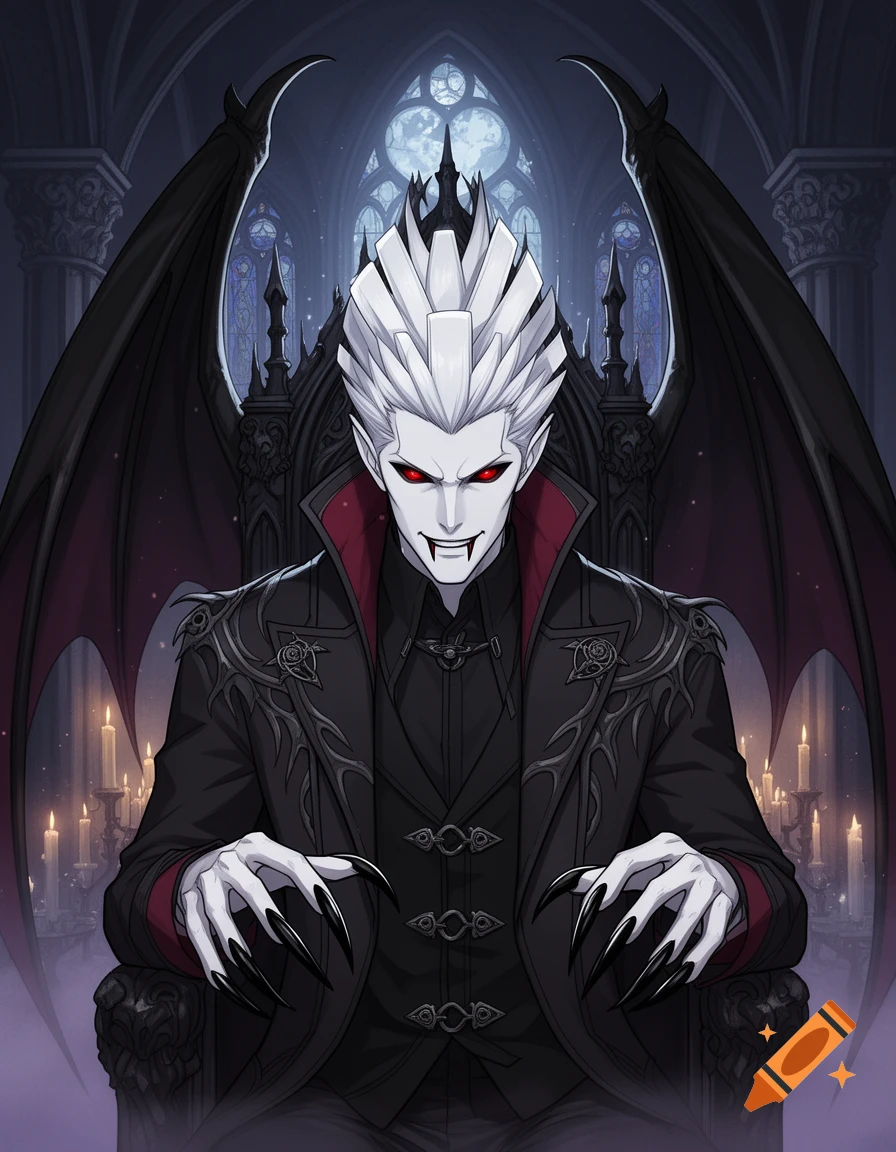 Anime concept art of a male vampire king with white hair, red eyes, black claws, and large bat wings, sitting on a gothic throne.