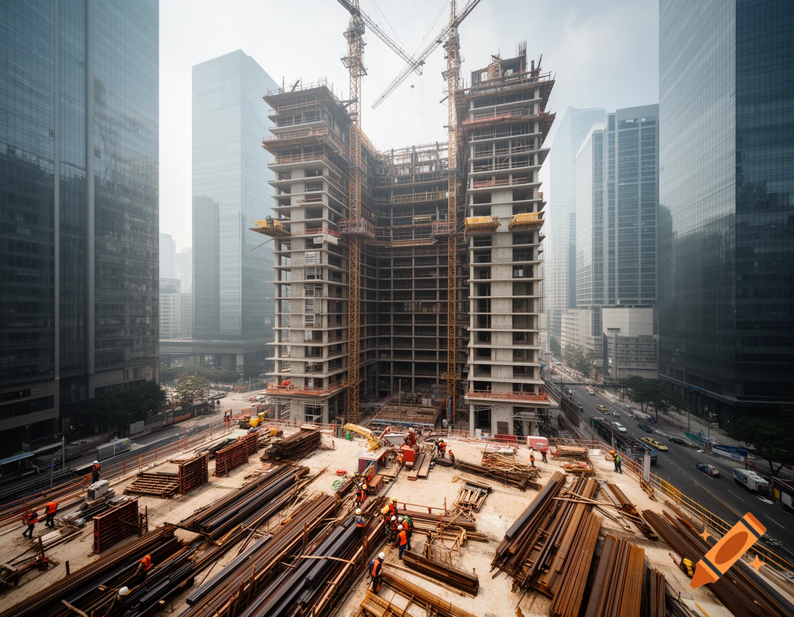 Photorealistic high-angle view of a massive skyscraper under construction surrounded by completed high-rises.