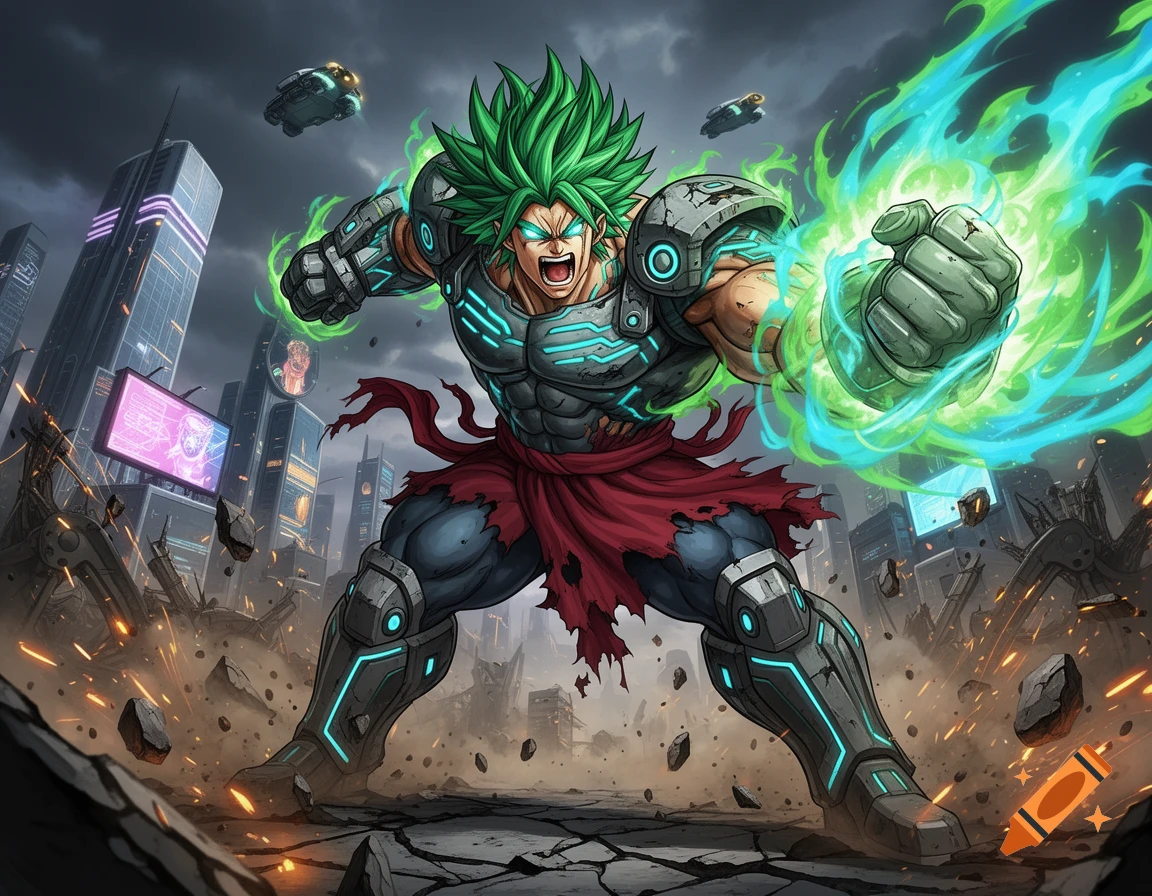 Futuristic anime style character with green hair and armor smashing the ground in a ruined city.