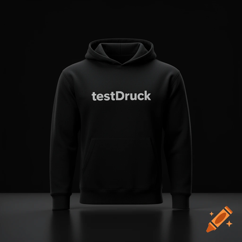 A black hoodie with the text 'testDruck' on the chest, centered against a dark background in a photorealistic product shot.