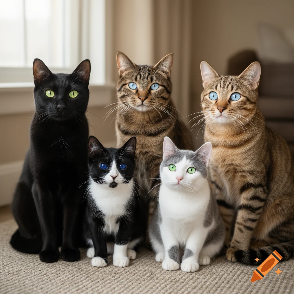 Photorealistic image of five diverse cats sitting together on a carpeted floor indoors.