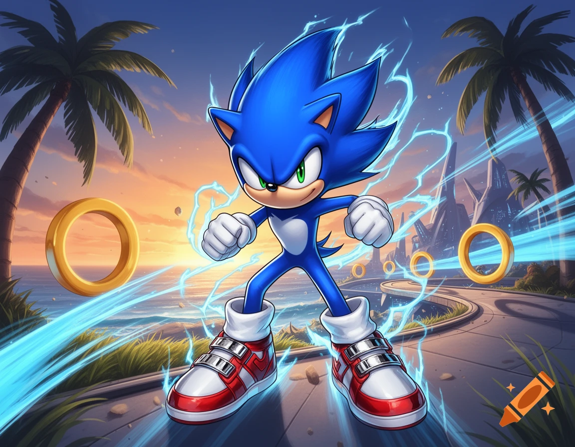Sonic the Hedgehog character in a dynamic pose on a coastal road with palm trees at sunset, digital art style.