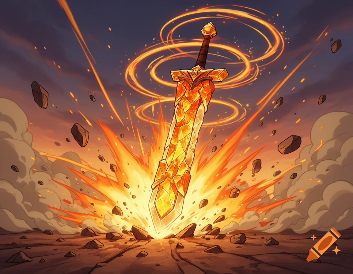 2D animated fantasy sword made of orange and yellow stones thrusting into the ground with an explosion and swirling fire.