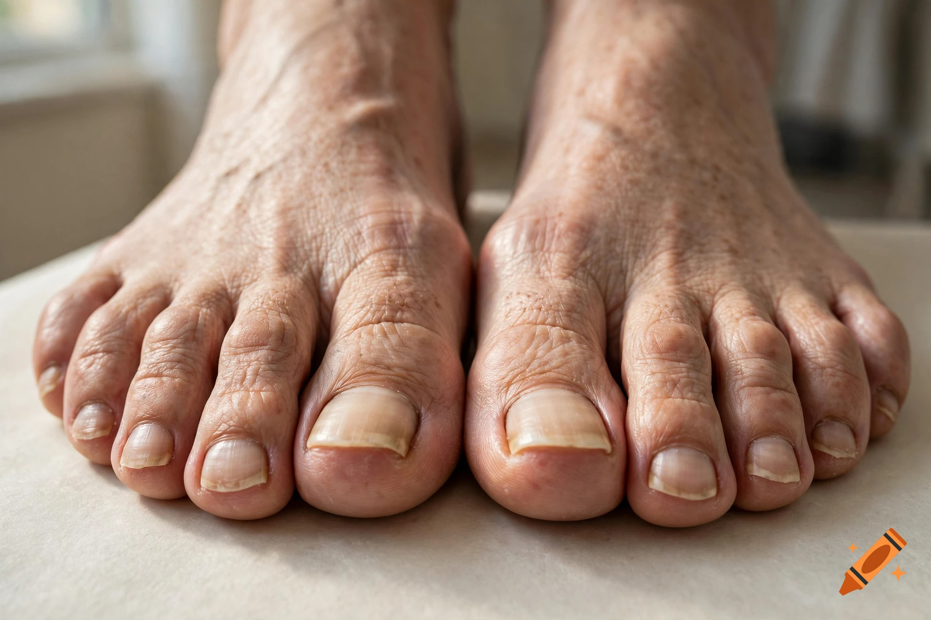 Close-up photorealistic image of bare feet where every toe is a large toe.