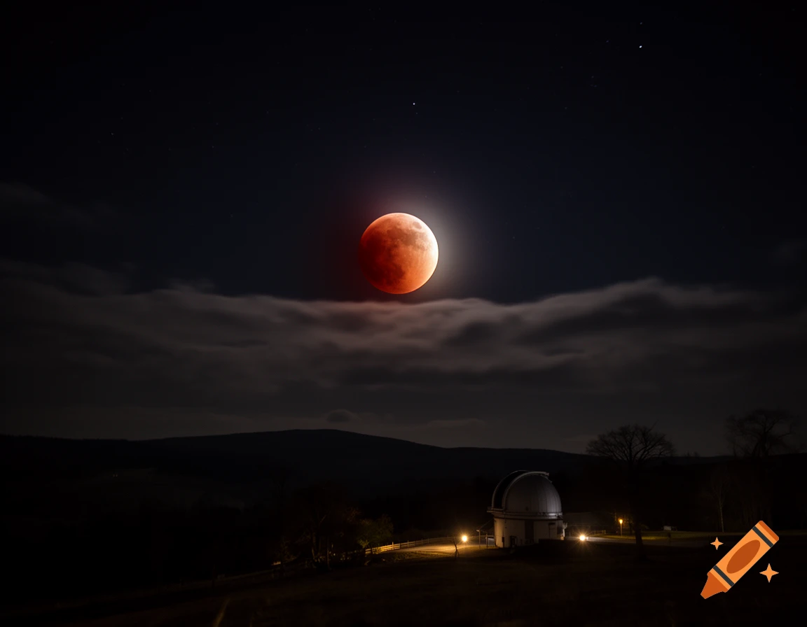 Photorealistic night scene showing a total lunar eclipse with a red moon above clouds and an observatory below.