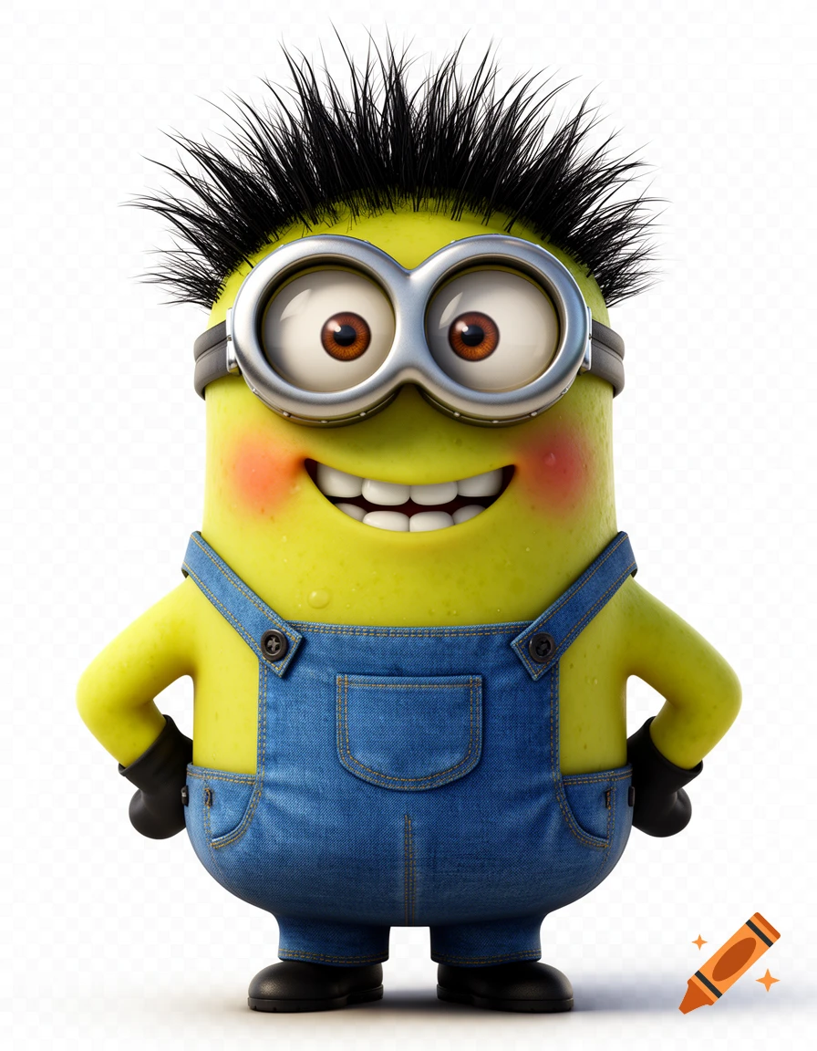 A full-body 3D digital illustration of a yellow minion with spiky black hair, goggles, and blue overalls, standing in a confident pose against a transparent background.